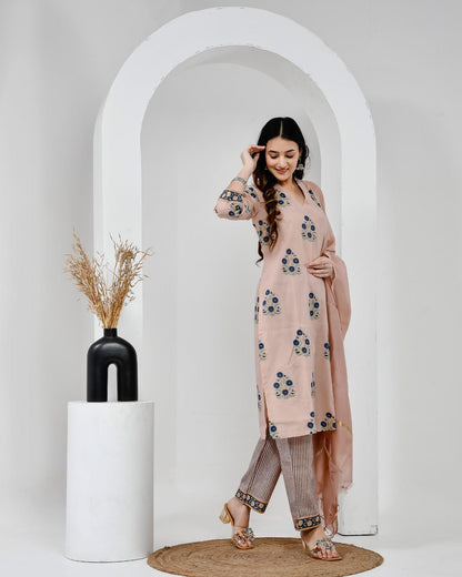 Chhaape Neela Coffee Cotton Suit Set with Chanderi Dupatta