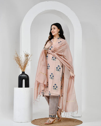 Chhaape Neela Coffee Cotton Suit Set with Chanderi Dupatta