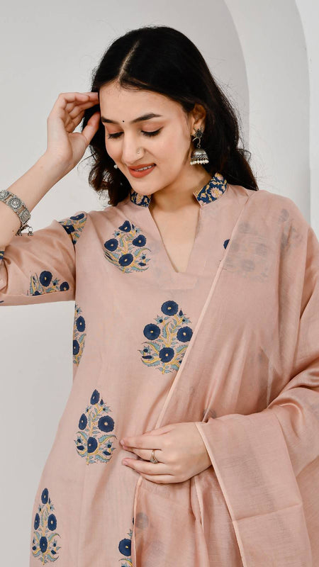 Chhaape Neela Coffee Cotton Suit Set with Chanderi Dupatta