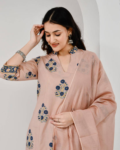 Chhaape Neela Coffee Cotton Suit Set with Chanderi Dupatta