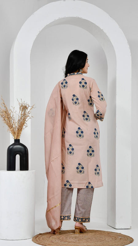 Chhaape Neela Coffee Cotton Suit Set with Chanderi Dupatta