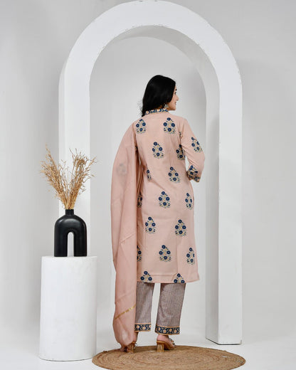 Chhaape Neela Coffee Cotton Suit Set with Chanderi Dupatta