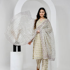 Suhana Printed Cream Cotton Suit Set with Kota Doriya Dupatta