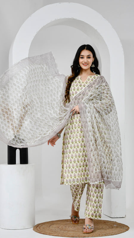 Suhana Printed Cream Cotton Suit Set with Kota Doriya Dupatta
