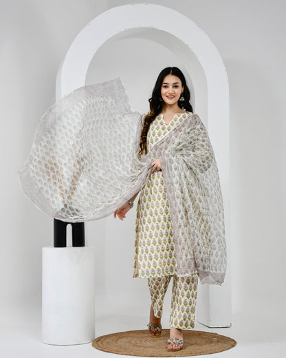 Suhana Printed Cream Cotton Suit Set with Kota Doriya Dupatta