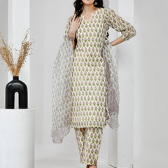 Suhana Printed Cream Cotton Suit Set with Kota Doriya Dupatta