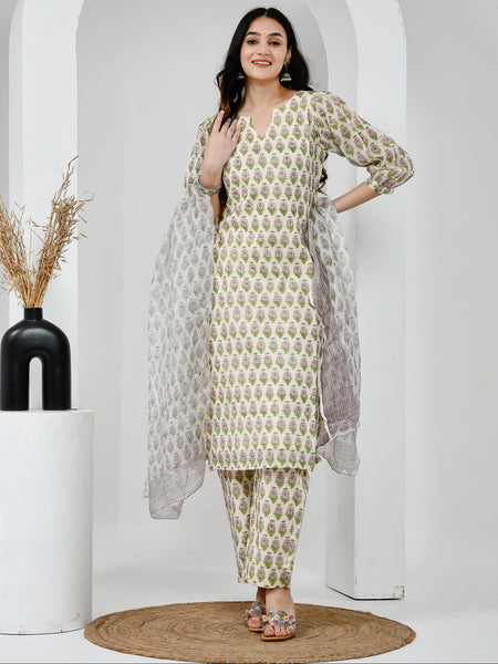 Suhana Printed Cream Cotton Suit Set with Kota Doriya Dupatta