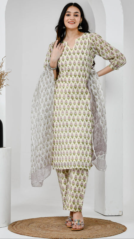 Suhana Printed Cream Cotton Suit Set with Kota Doriya Dupatta