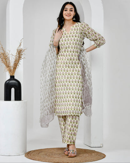 Suhana Printed Cream Cotton Suit Set with Kota Doriya Dupatta