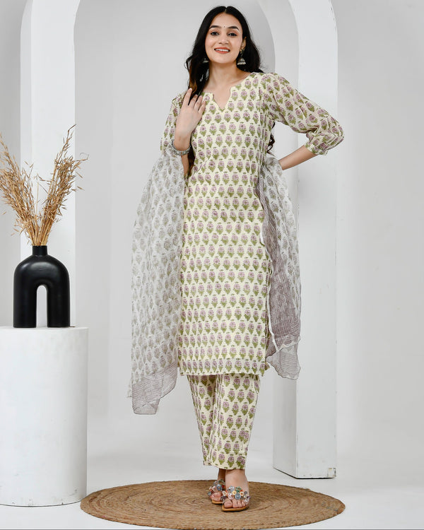 Suhana Printed Cream Cotton Suit Set with Kota Doriya Dupatta
