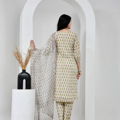 Suhana Printed Cream Cotton Suit Set with Kota Doriya Dupatta