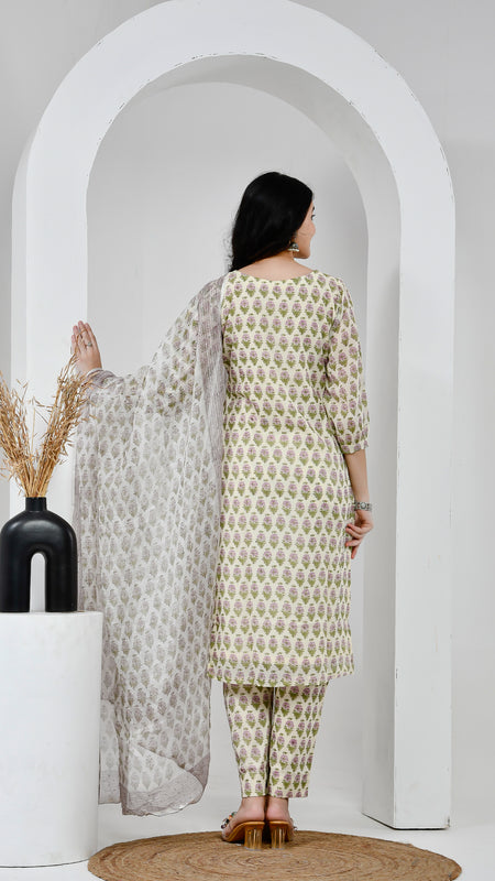 Suhana Printed Cream Cotton Suit Set with Kota Doriya Dupatta