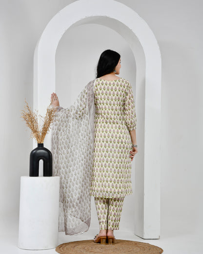 Suhana Printed Cream Cotton Suit Set with Kota Doriya Dupatta