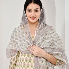 Suhana Printed Cream Cotton Suit Set with Kota Doriya Dupatta