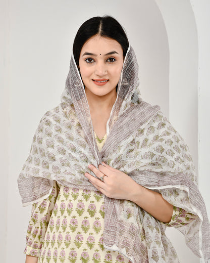 Suhana Printed Cream Cotton Suit Set with Kota Doriya Dupatta