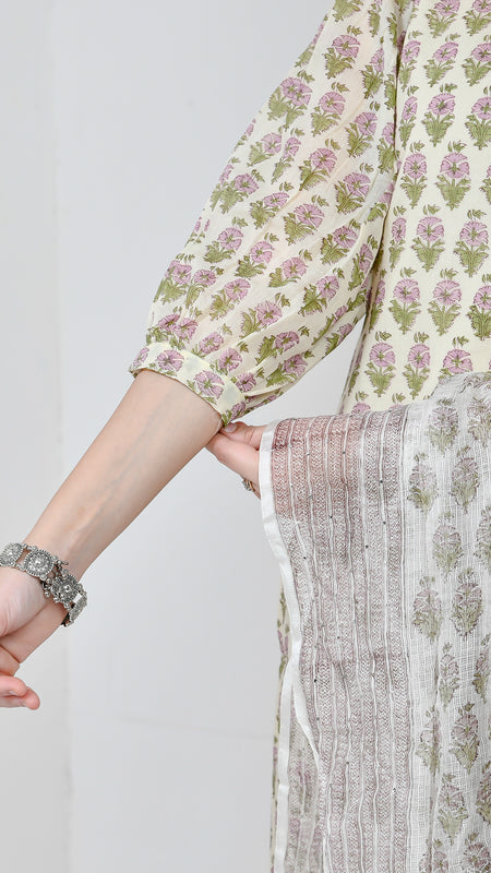 Suhana Printed Cream Cotton Suit Set with Kota Doriya Dupatta