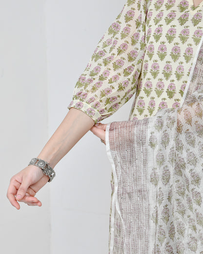 Suhana Printed Cream Cotton Suit Set with Kota Doriya Dupatta