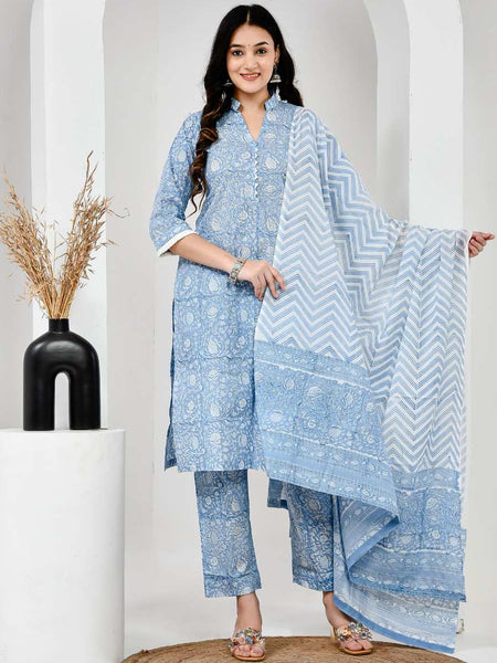Gul Bahar Sky Blue Cotton Suit Set with Mulmul Dupatta