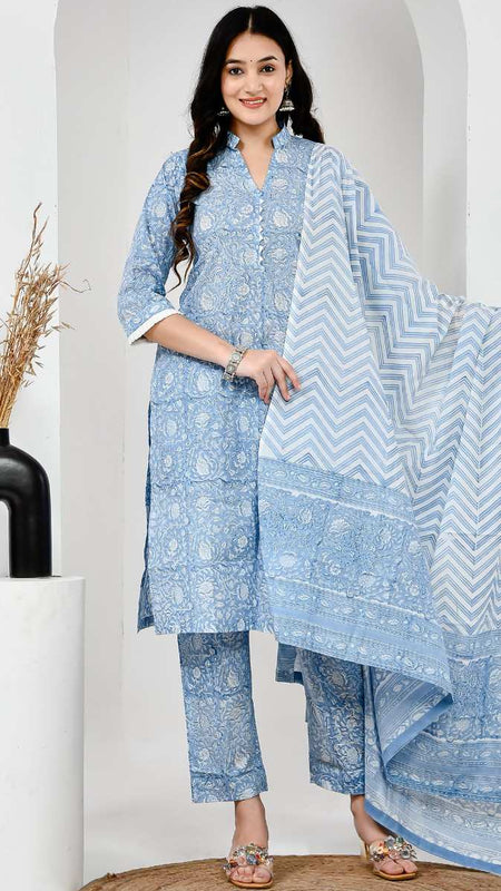 Gul Bahar Sky Blue Cotton Suit Set with Mulmul Dupatta