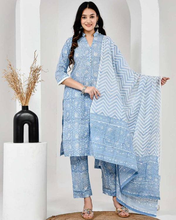Gul Bahar Sky Blue Cotton Suit Set with Mulmul Dupatta