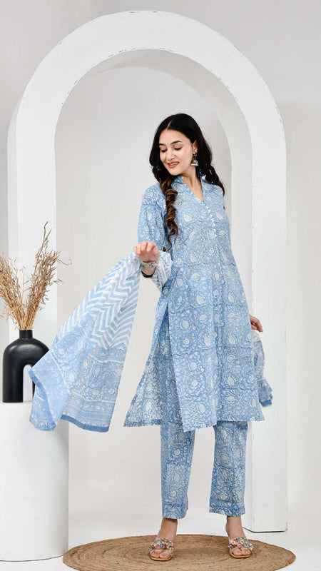 Gul Bahar Sky Blue Cotton Suit Set with Mulmul Dupatta