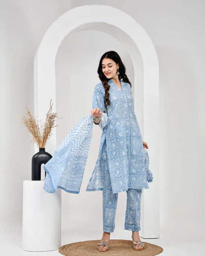 Gul Bahar Sky Blue Cotton Suit Set with Mulmul Dupatta