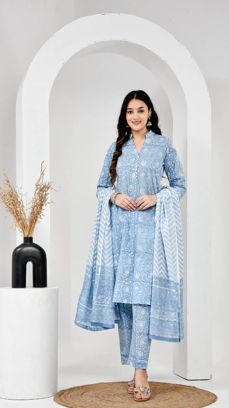 Gul Bahar Sky Blue Cotton Suit Set with Mulmul Dupatta