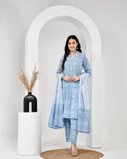 Gul Bahar Sky Blue Cotton Suit Set with Mulmul Dupatta
