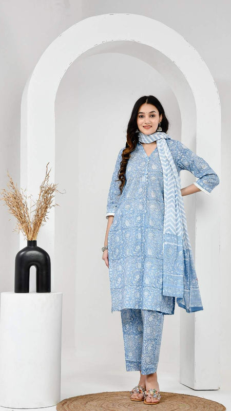 Gul Bahar Sky Blue Cotton Suit Set with Mulmul Dupatta