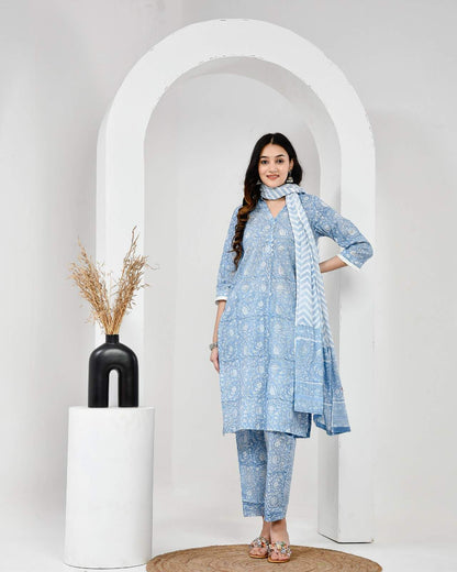 Gul Bahar Sky Blue Cotton Suit Set with Mulmul Dupatta