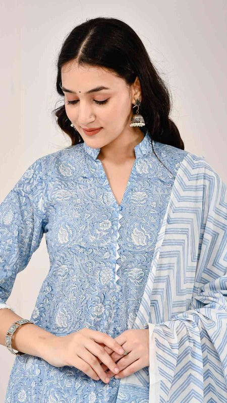 Gul Bahar Sky Blue Cotton Suit Set with Mulmul Dupatta