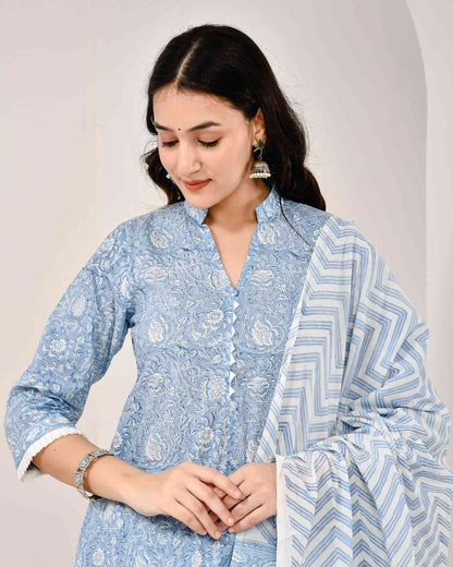 Gul Bahar Sky Blue Cotton Suit Set with Mulmul Dupatta