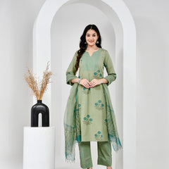 Aabroo Green Cotton Suit Set with Mulmul dupatta