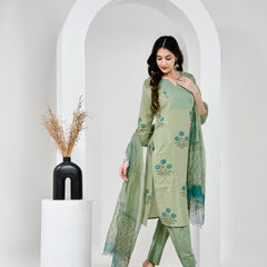 Aabroo Green Cotton Suit Set with Mulmul dupatta