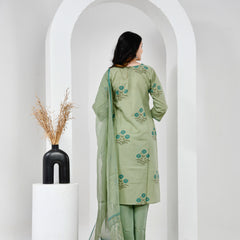 Aabroo Green Cotton Suit Set with Mulmul dupatta