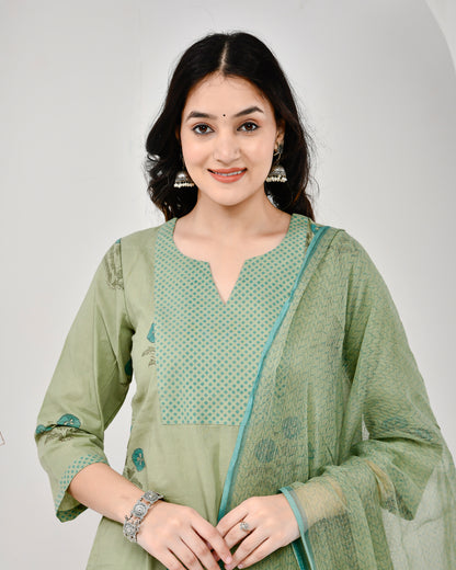 Aabroo Green Cotton Suit Set with Mulmul dupatta