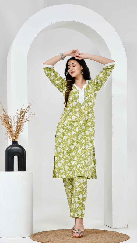 Noor Green & White Block Printed Cotton Co-ord Set