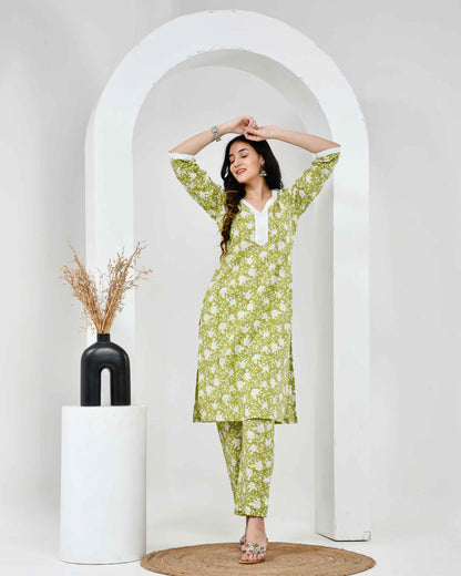 Noor Green & White Block Printed Cotton Co-ord Set