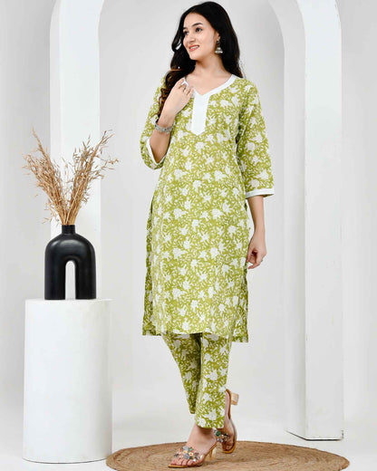 Noor Green & White Block Printed Cotton Co-ord Set