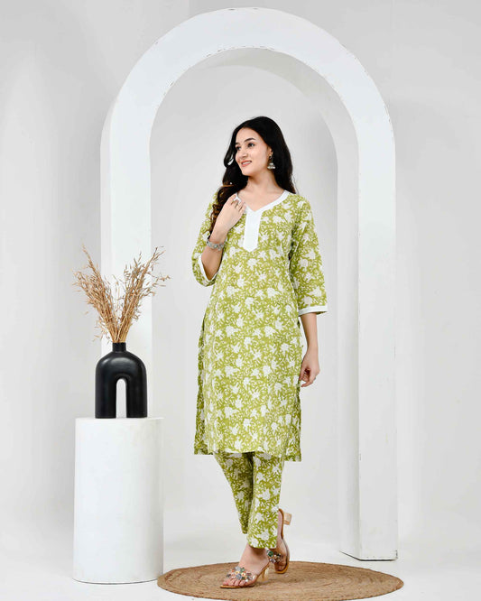 Green Handblock Printed Cotton Kurta Set