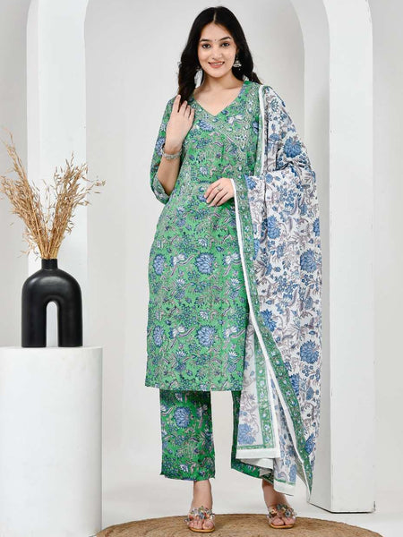 Neel Vanika Green Cotton Suit Set With Mulmul Dupatta