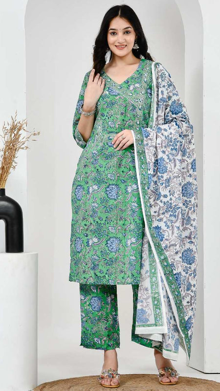 Neel Vanika Green Cotton Suit Set With Mulmul Dupatta