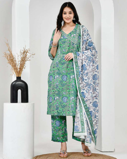 Neel Vanika Green Cotton Suit Set With Mulmul Dupatta