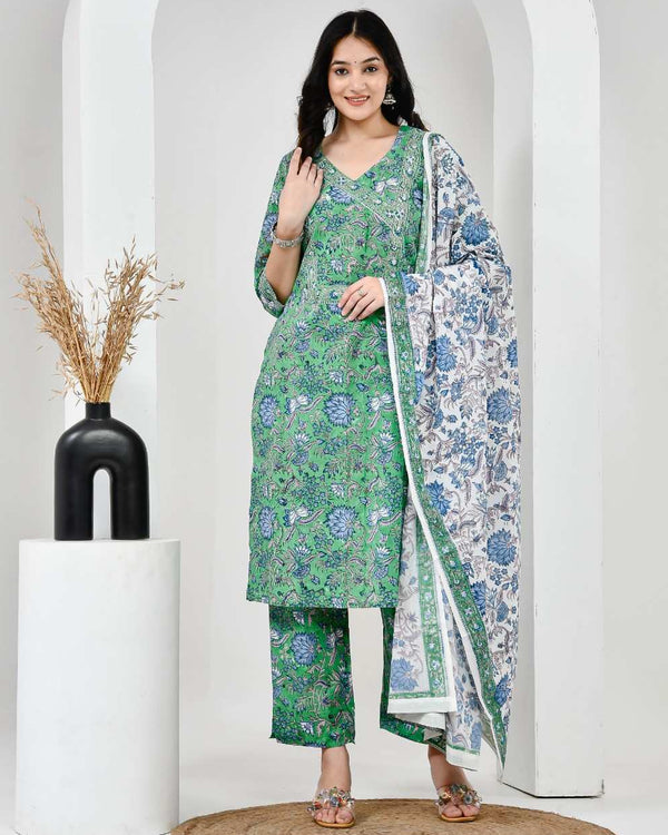 Neel Vanika Green Cotton Suit Set With Mulmul Dupatta