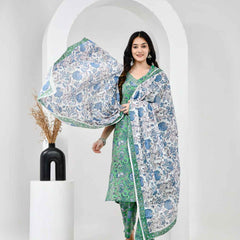 Neel Vanika Green Cotton Suit Set With Mulmul Dupatta