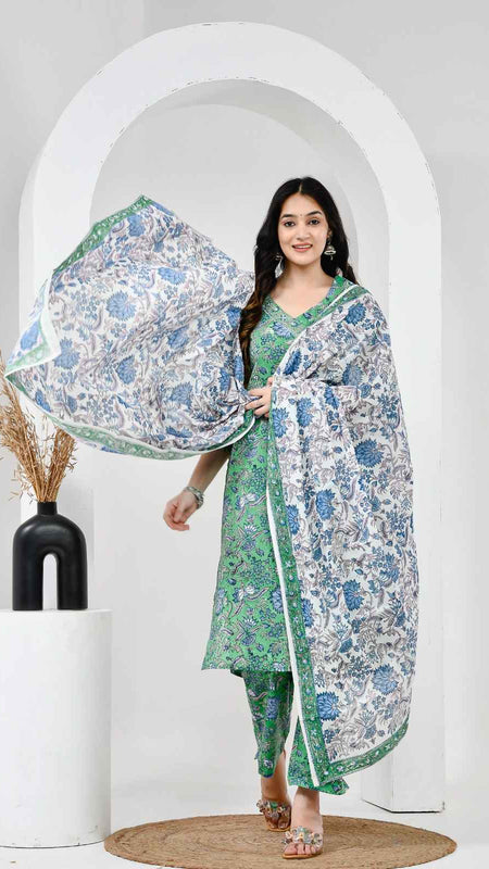 Neel Vanika Green Cotton Suit Set With Mulmul Dupatta