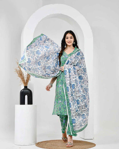 Neel Vanika Green Cotton Suit Set With Mulmul Dupatta