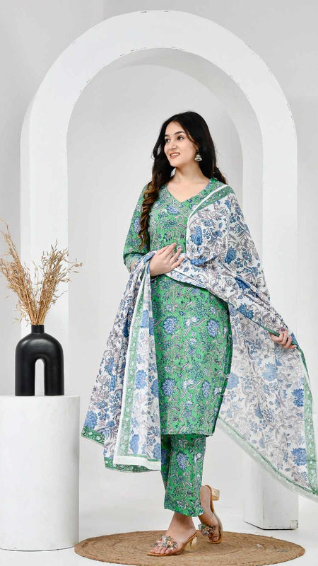 Neel Vanika Green Cotton Suit Set With Mulmul Dupatta