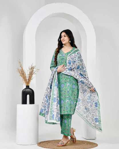 Neel Vanika Green Cotton Suit Set With Mulmul Dupatta