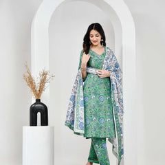 Neel Vanika Green Cotton Suit Set With Mulmul Dupatta